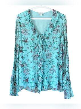Sundance Floral Ruffle Blouse Boho Turquoise Romantic Sheer Sleeves Women’s XS